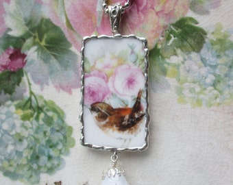 Vintage Broken China Pendant with a little Wren resting in the Roses Chain Dangle Included