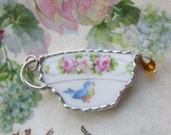 Vintage Recycled Broken China Sweet Bluebird TeaCup Roses Pendant - Teatime