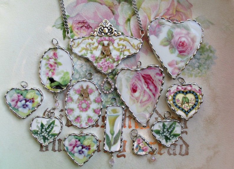 Vintage Recycled Broken China Sweet Romantic Tea Cup Roses Pendant Tea Time image 2