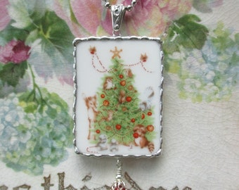 Vintage Shabby Broken China Christmas Tree Pendant ~ Animals decorating Tree ~ Vintage Glass Bead
