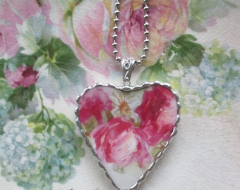 Vintage - Recycled Broken China from France - Old Rose Garden - Daisies ~ Heart Pendant ~ Sterling Silver Bail ~ Chain Included