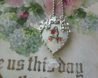 Vintage Bluebird Robin China Pendant with Roses, Ornate Filigree Necklace
