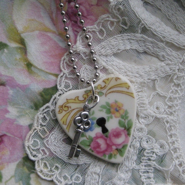 Vintage Shabby Broken China Roses Heart Locket Pendant