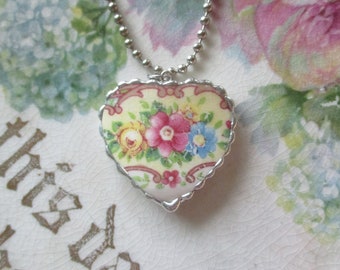 Vintage Broken China Pendant made from Mildred Roses Chain Included