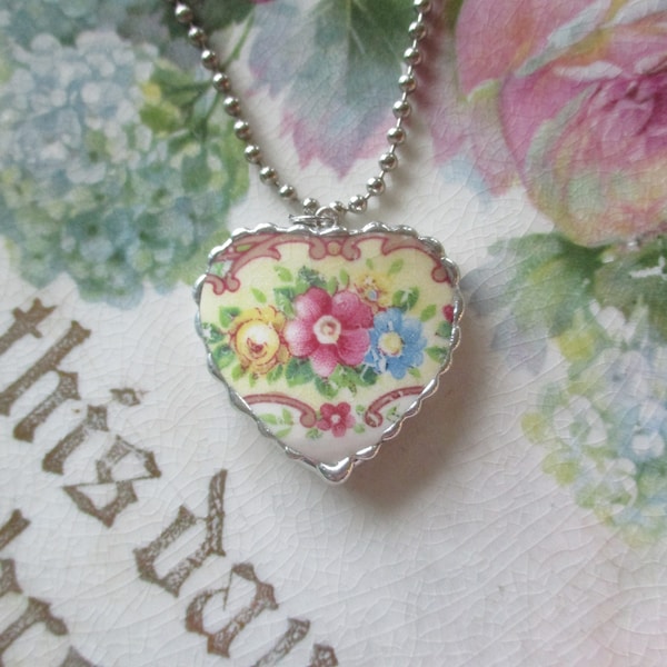 Vintage Broken China Pendant made from Mildred Roses Chain Included