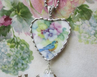 Vintage Broken China ~ Beautiful Blue Bird Sitting Amongst the Pansies ~ Heart ~ Dangle ~ Bluebird