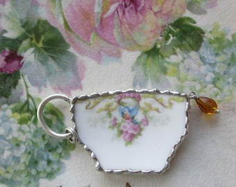 Vintage Recycled Broken China Sweet Bluebird TeaCup Roses Pendant - Teatime ~ Crown of Roses