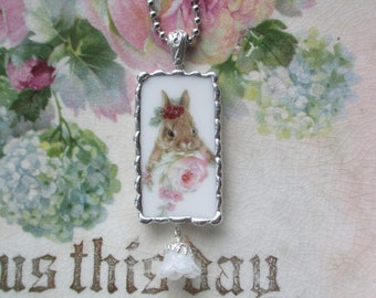 Vintage Broken China Pendant with a Bunny Rabbit resting in the Roses Chain Sterling Bail and Dangle Included