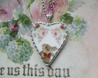 Vintage Broken Recycled China Pendant with Bunny Tasting the Roses ~  Chain Included