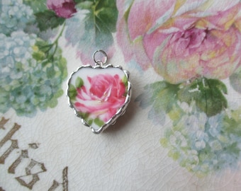 Vintage Broken China Gorgeous Rose Heart Charm or Pendant