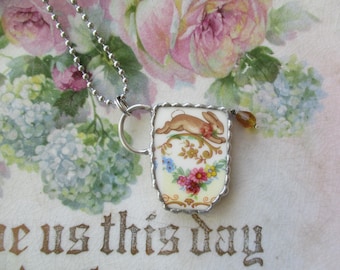 Vintage Recycled Broken China Sweet Romantic Tea Cup Roses Pendant -Bunnykins Tea Time