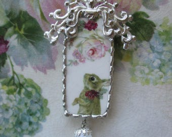 Vintage Broken China Pendant Bunny in the Roses ~ Ornate Metal Top ~ Glass Bead Dangle ~