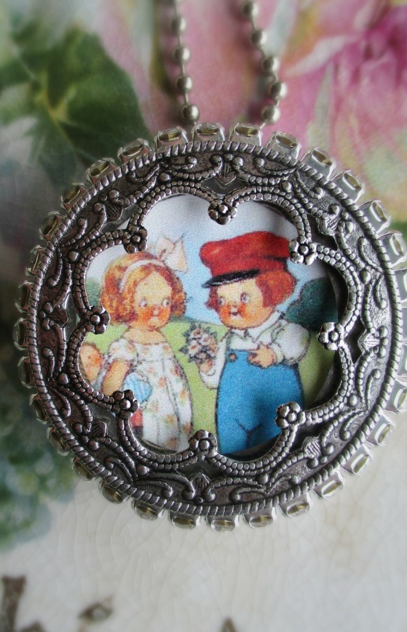 Vintage Metal Tin NOS Assemblage Ornate Frame Babys First Tooth Necklace Keepsake Steampunk Watch Tin Pendant image 2