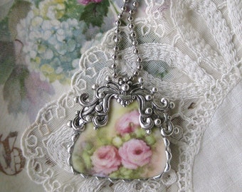 Vintage Shabby Broken China - Roses - Victorian Purse  - Handbag  - Pendant - Unique