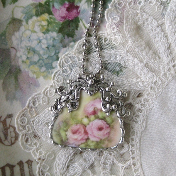 Vintage Shabby Broken China - Roses - Victorian Purse  - Handbag  - Pendant - Unique