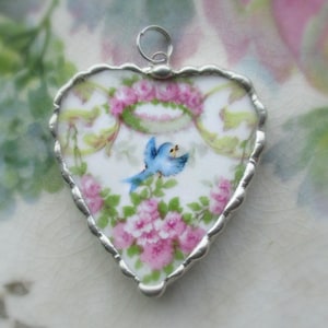 Vintage Broken China  Heart Pendant Sweet Bluebird Crown of Roses Blue Bird ~ Remembrance