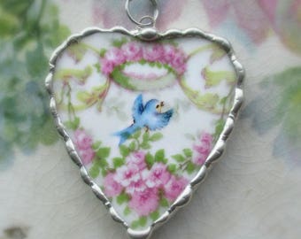 Vintage Broken China  Heart Pendant Sweet Bluebird Crown of Roses Blue Bird ~ Remembrance