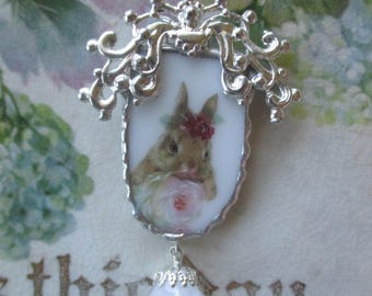 Vintage Broken China Pendant Bunny Resting in the Roses ~ Ornate Metal Top ~ Glass Bead Dangle ~