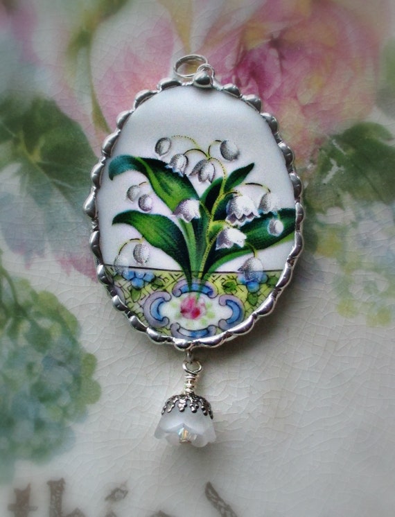Vintage Recycled Broken China~Sweet Pansy Faces~Charm~Heart~Necklace