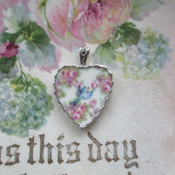 Vintage Broken or Shabby China Sweet Bluebird Blue Bird of Happiness Pendant-Help feed the birds-Over the Rainbow-Sterling Bail