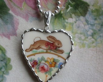 Vintage Broken China Heart Pendant ~ Sweet Leaping Bunnykins~Heart ~ Upcycled ~ Rabbit ~ Bunny~Sterling Silver Bail and  30" clippable Chain