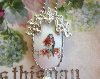 Vintage Broken China Pendant Bluebird Robin Resting in the Roses ~ Ornate Metal Top ~ Glass Bead Dangle ~ Gold Filigree ~ Robins Egg Blue