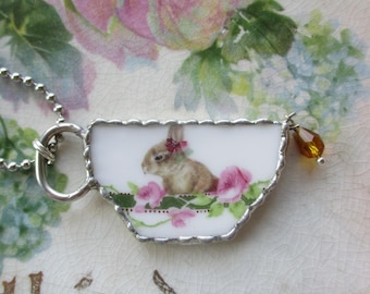 Vintage Recycled Broken China Sweet Bunny TeaCup Roses Pendant - Tea Time