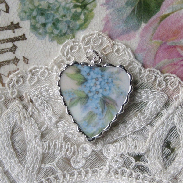 Vintage Shabby Broken China - Please Dont Forget Me Nots - Pendant Charm - Mothers Day