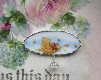 Vintage Broken Upcycled Shabby China ~ Sweet Winnie the Pooh Bear - Pin or Pendant ~ Pot of Honey