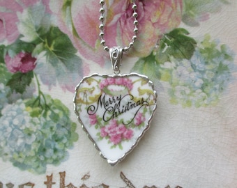 Vintage Shabby Broken China Pink Rose Heart ~ Merry Christmas ~ Pendant ~ Crown of Roses ~