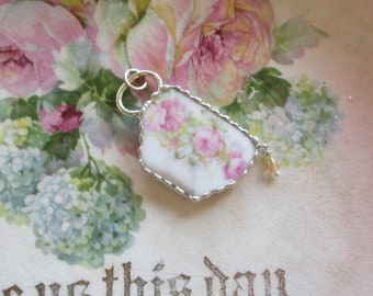 Vintage Recycled Broken China Sweet Romantic Tea Cup Roses Pendant - Tea Time