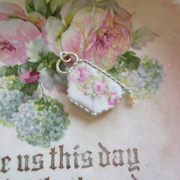 Vintage Recycled Broken China Sweet Romantic Tea Cup Roses Pendant - Tea Time