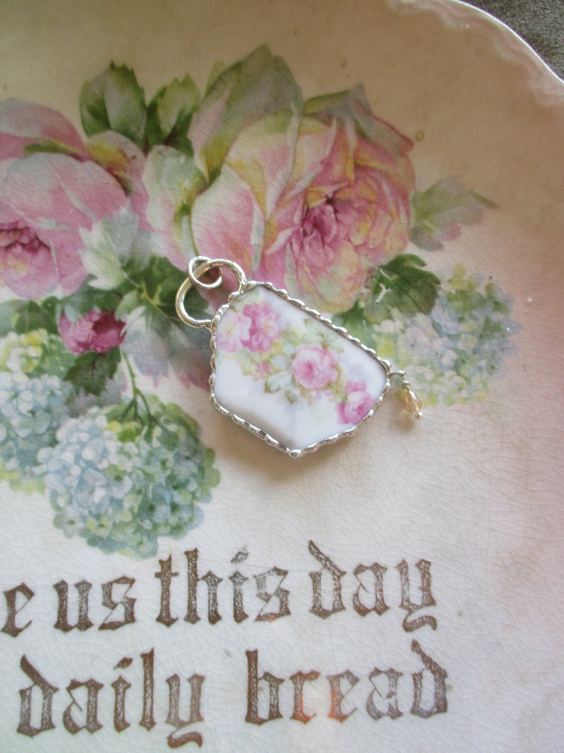 Vintage Recycled Broken China Sweet Romantic Tea Cup Roses Pendant Tea Time image 1