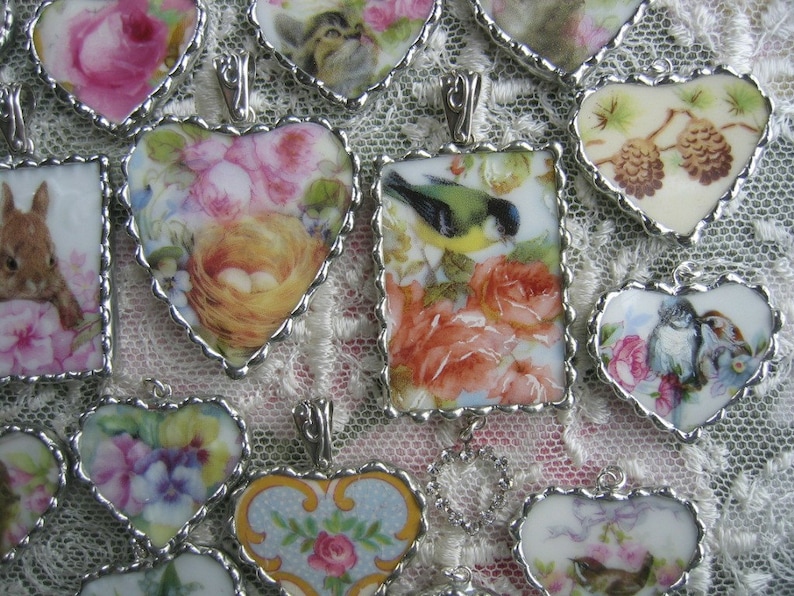 Vintage Recycled Broken China Sweet Romantic Tea Cup Roses Pendant Tea Time image 4