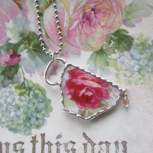 Vintage - Recycled Broken China from France - Old Rose Garden - Daisies ~ Tea Cup Pendant  ~ Chain Included