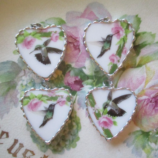 Vintage - Gerecycled Gebroken China - Keuze uit Kolibrie - Hanger - Rozen ~ Inclusief ketting