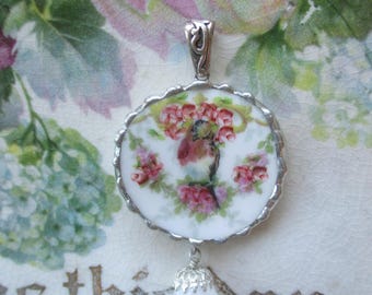 Vintage Recycled China Round Pendant ~ Robin Bluebird  ~  Halo of Roses ~ Sterling Silver Bail