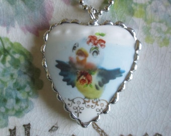 Vintage Recycled Broken China Sweet Little Bluebird singing her heart song ~ Roses & Gold Heart ~ Lefton Kitchy