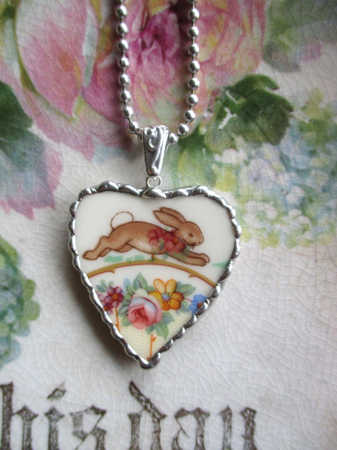 Vintage Broken China Heart Pendant ~ Sweet Leaping Bunnykins ~ Heart ...