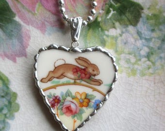 Vintage Broken China Heart Pendant ~ Sweet Leaping Bunnykins ~ Heart ~ Upcycled ~ Rabbit ~ Bunny ~