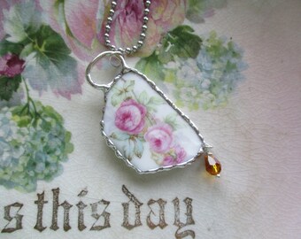 Vintage Recycled Broken China Sweet Romantic Tea Cup Roses Pendant - Tea Time