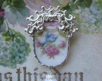 Vintage Broken China Pendant Sweet Bluebird Crown of Roses Blue Bird ~ Remembrance
