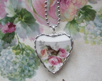 Vintage Broken China Heart Pendant ~ Wren will I see you again??? ~ Roses ~ Chain Included