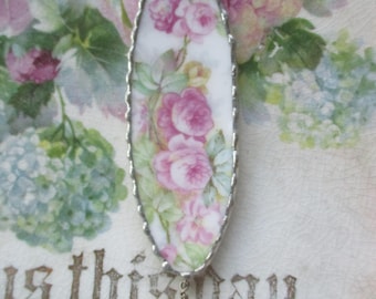 Vintage Broken China ~ Beautiful Yard Long Roses ~ Pendant ~ Sterling Silver Bail