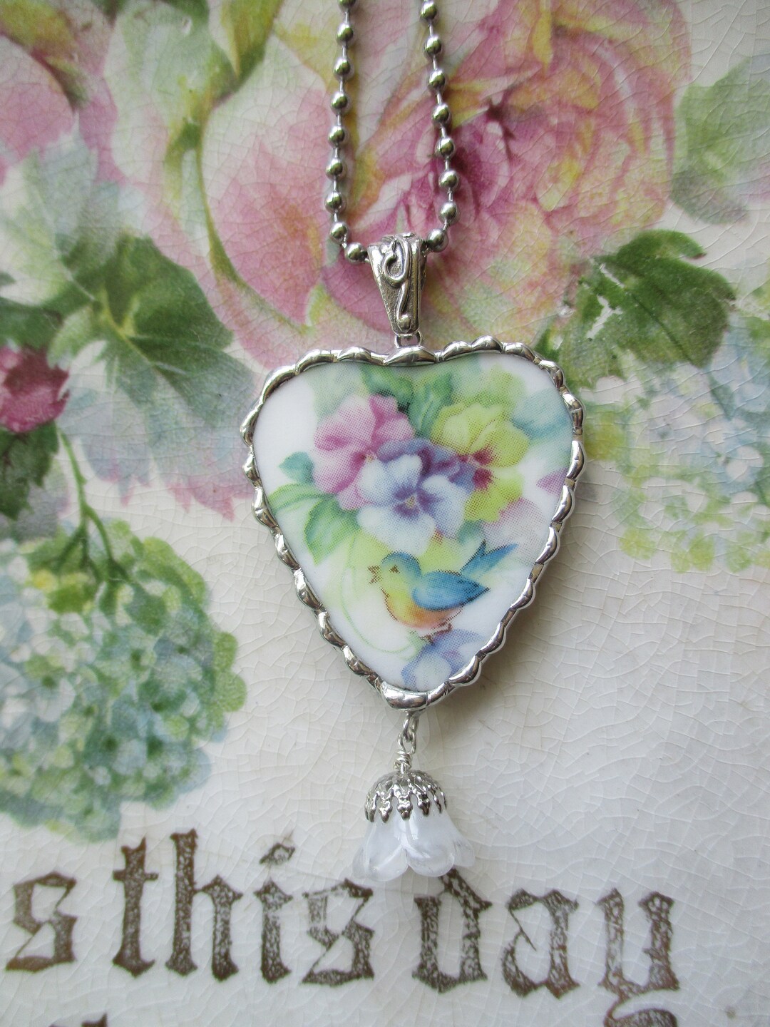 Vintage Broken China Beautiful Blue Bird Soft Pansies Heart Pendant
