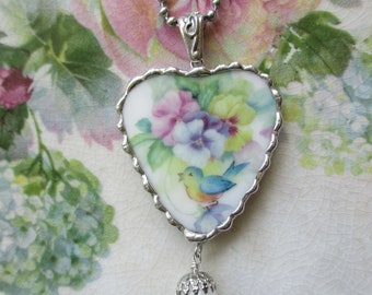 Vintage Broken China ~ Beautiful Blue Bird ~ Soft Pansies ~ Heart Pendant ~ Bluebird - Ornate Metal Glass Flower