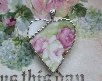 Vintage Shabby Broken China - Beautiful Roses Heart- Pendant - Mended Broken Heart