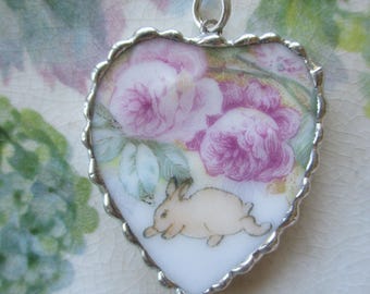 Vintage Broken China ~ Beautiful Roses ~ Tiny Bunny Running ~ Heart Pendant ~ Rabbit