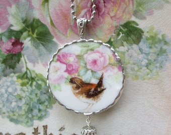 Vintage Recycled China Round Pendant ~ Wren ~ I'll Nest Anywhere ~ Victorian Roses ~ Pink ~ Yellow ~ Limoges ~ France ~
