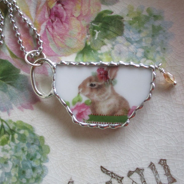 Vintage Recycled Broken China Sweet Bunny TeaCup Roses Pendant - Tea Time